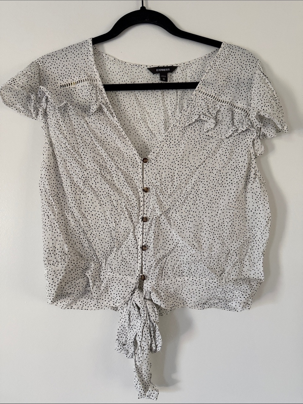 Express White Blouse with Black Micro-Dots and Front Tie